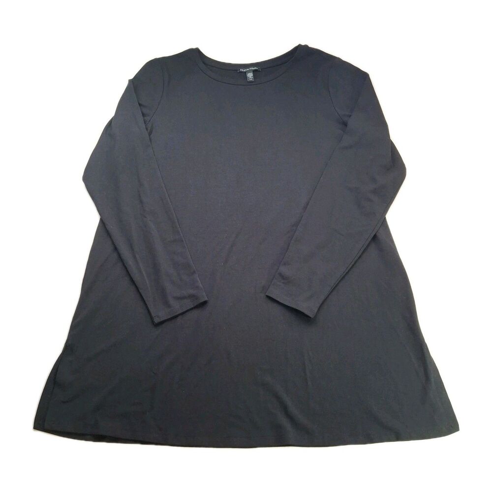 Eileen Fisher Sz M Stretch Jersey Knit Crew Neck Long Top Side Slits Tunic Black